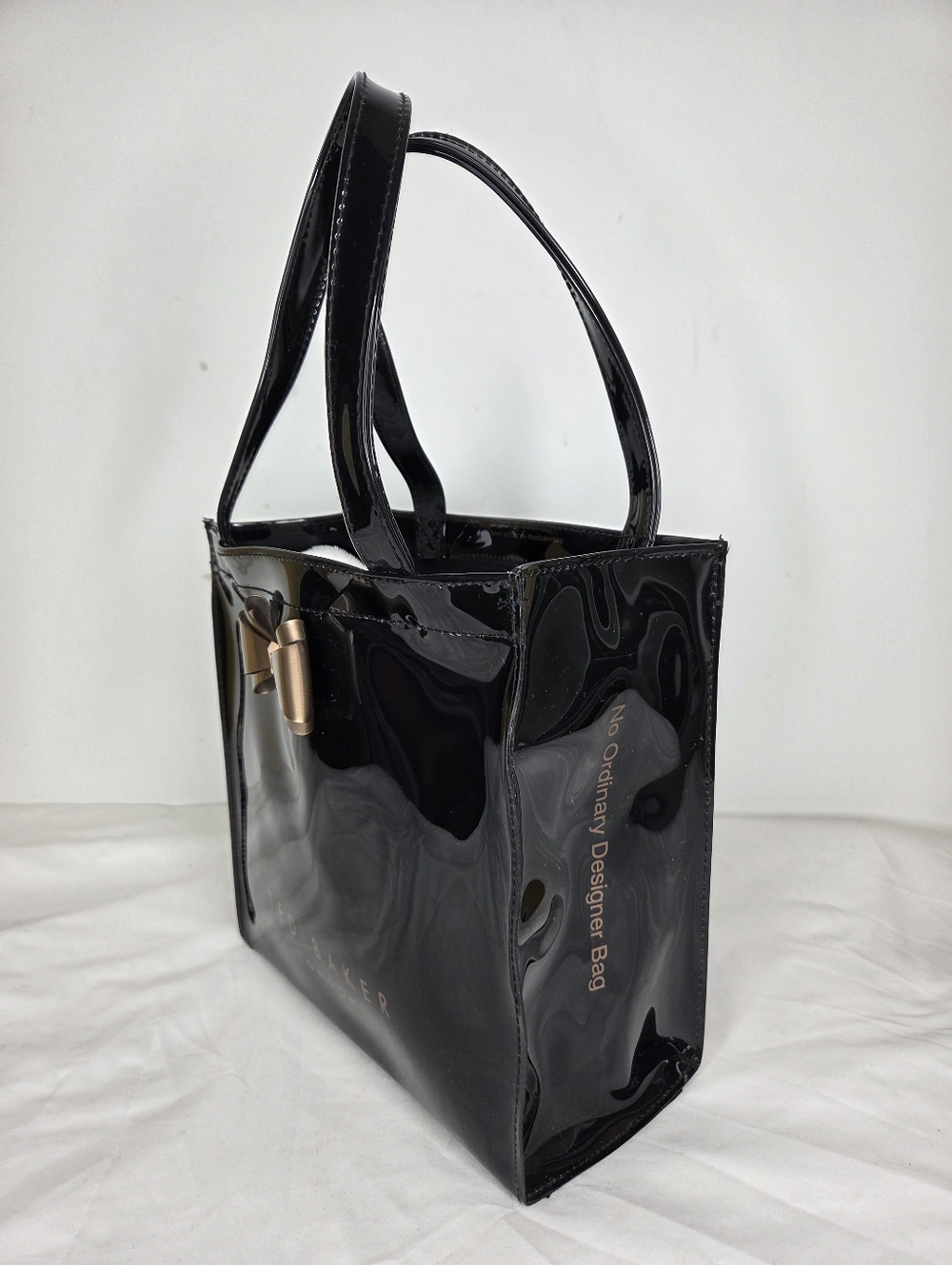 Ted Baker London Patent PVC Tote Bag Gold Bow In Glossy Black Finish - Picture 2 of 16